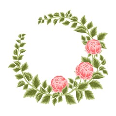 Hand drawn botanical peony flower wreath and leaf branch vector illustration arrangement