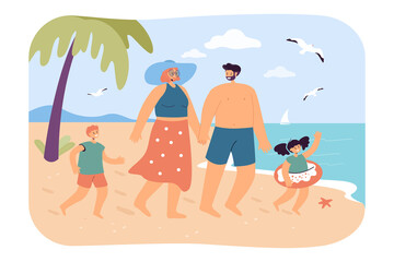 Happy family on beach. Mother, father, son and daughter going swimming in sea together flat vector illustration. Summer, vacation, holiday, family concept for banner, website design or landing web