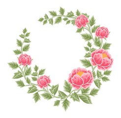Hand drawn botanical peony flower wreath and leaf branch vector illustration arrangement