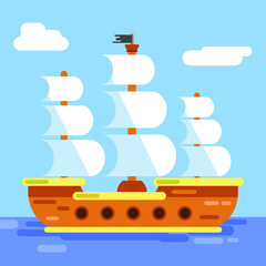 pirate ship sailing on the ocean, clouds and blue background, boat 