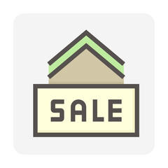 House for sale vector icon. That foreclose real estate or property consist of home or house building and forsale sign. Also for development, owned, rent, buy, purchase or investment. 48x48 pixel.
