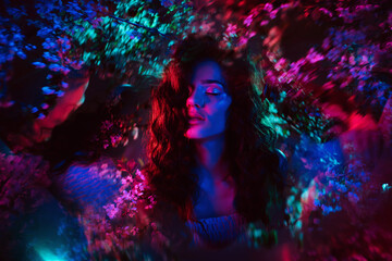 A fantastic shot of a girl in flowers with neon multicolored light and phantasmagoria. The concept...