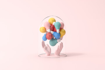 Mockup scene of hands are holding various colorful of  light bulbs in the glass cover, Minimal concept, 3d rendering.