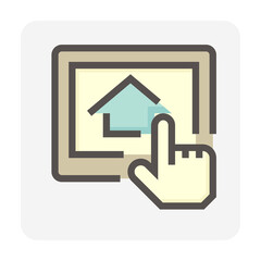 Search house vector icon. Consist of tablet and people. That resident, agent or realtor to online find real estate or property for development, owned, sale, rent, buy or investment. 48x48 pixel.