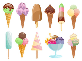 Cartoon ice cream  set. Collection ice-cream cones and ice-cream on a stick isolated on white background.  illustration for web menu design or print