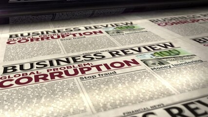 Corruption in business global problem, stop fraud and money laundering in daily newspaper printing. Vintage news paper media press abstract concept. Retro 3d rendering seamless loopable animation.