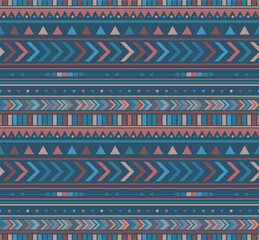 vector seamless ethnic stylized geometric pattern in blue and orange colours, main colours is blue