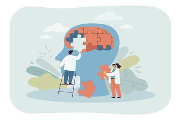 Team of doctors putting puzzle pieces of person head together. Medical people treating personality disorder flat vector illustration. Mental health concept for banner, website design or landing page - obrazy, fototapety, plakaty