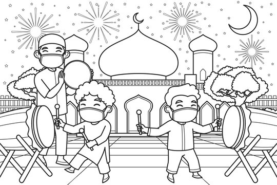 The Ustad and Children Playing Drum and Tambourine in The Courtyard of The Mosque Wearing Face Masks. Vector Illustration. Coloring Book Illustration.
