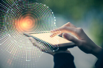 Double exposure of brain sketch hologram and woman holding and using a mobile device.