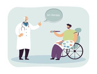 Disabled man drawing vector illustration. Male character in wheelchair with paints and brush. Doctor explaining, helping. Art therapy concept for banner, website design, landing web page