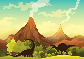 Prehistoric landscape - volcano with smoke, mountains, dinosaurs and green vegetation.  illustration of beautiful prehistoric landscape and dinosaurs © the8monkey
