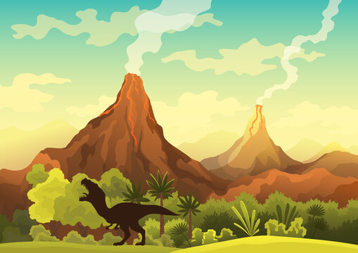 Prehistoric landscape - volcano with smoke, mountains, dinosaurs and green vegetation.  illustration of beautiful prehistoric landscape and dinosaurs