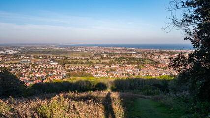 Eastbourne, East Sussex, south coast of England. Elevated view with the Old Town district in the foreground and the distant English Channel coast.