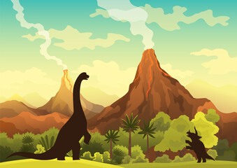 Prehistoric landscape - volcano with smoke, mountains, dinosaurs and green vegetation.  illustration of beautiful prehistoric landscape and dinosaurs © the8monkey