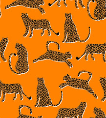 Textured Naughty Leopards Pattern Trendy Fashion Colors Minimal Concept Seamless Design Abstract Cartoon Cats