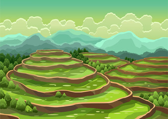 Landscape of rice field terraces. Asian rural background. Agriculture harvesting cereals or tea