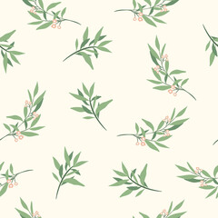 Seamless Pattern in Floral Style . Green Branches for on Design Light Background. Vector Illustration