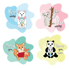 A set of pictures with cute animals to design a postcard for mom. Design elements for congratulating mom happy birthday, mother's day and other holidays. 