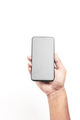 Hand holding a smartphone on a white background.