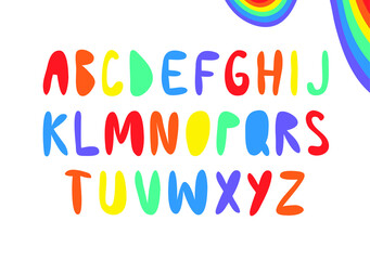 Vector Flat Illustration Rainbow Font. Cartoon Pride Colorful Drawing ABC. LGBTQ Flag Support Icon Letter Alphabet