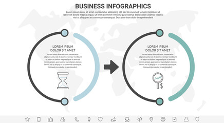 Vector line infographics template for two colorful arrows and circles. Business concept with 2 elements and icons. Modern blank space for chart, content, step for step, timeline, diagram, web