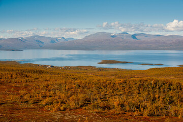 Landscape with Tornetrask lake and mountains, Norrbotten, Sweden - 438396364