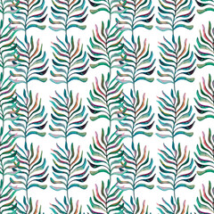 Bright summer pattern of palm leaves. Tropical pattern on a white background. Illustration with watercolor leaves. Design for interiors.