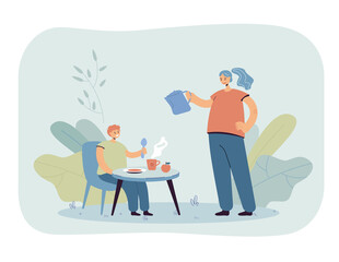 Son eating breakfast cooked by mother. Woman with kettle pouring water in cup, child at table flat vector illustration. Family, parenting, breakfast concept for banner, website design or landing page
