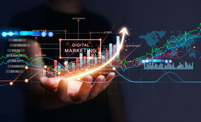 Digital marketing concept.
Businessman holding  analysis a graph growth. Development and  analysis  contents on global network.