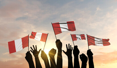 Silhouette of arms raised waving a Peru flag with pride. 3D Rendering - obrazy, fototapety, plakaty