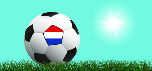 Football with the flag of the Netherlands on green soccer grass field. Flat vector wk, ek background banner. Sport finale or school, sports ball game cup. Summer, spring time. Hollland, orange 2021