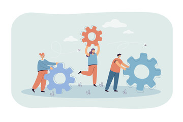 Team of people with gears doing repairs or upgrade. Service organization, business technology flat vector illustration. Teamwork, cooperation concept for banner, website design or landing web page