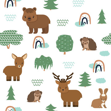 Cute cartoon flat forest animals seamless pattern. Bear deer doe elk squirrel hare bat turtle hedgehog. Vector illustration on white background
