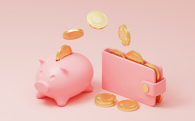 3d rendering: saving money. money transfer to piggy bank. Wallet, coins, credit card and piggy bank. Metaphor of savings, bank. Concept - 3d illustration, render