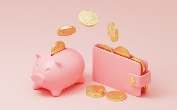 3d Rendering: Saving Money. Money Transfer To Piggy Bank. Wallet, Coins, Credit Card And Piggy Bank. Metaphor Of Savings, Bank. Concept - 3d Illustration, Render