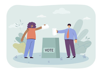 Man and woman voting. Happy characters throwing bulletins in special box. Making political decision. Voting concept for banner, website design or landing page