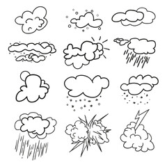 Weather elements on isolation background. Collection. Doodles for design. Hand drawn simple symbols. Line art. Set of different signs. Abstract illustration for a weather forecast. Art creation
