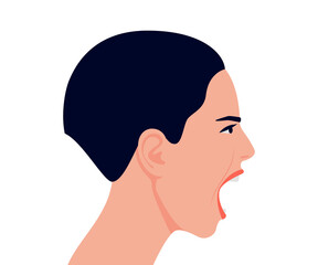 Scream and rage woman with open mouth, head profile. Girl in stress, aggression and irritation, rude and mad. Angry woman in conflict. Vector flat illustration