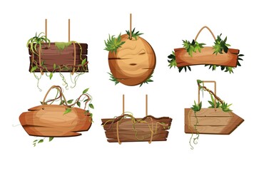 Empty wooden planks hanging on ropes with liana branches and tropical leaves. Set of vintage, retro banners for game. Cartoon vector illustration.