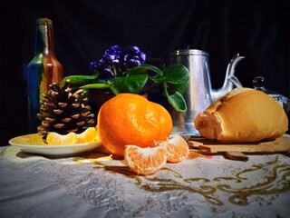 still life with bread and fruits