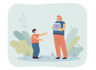 Mother presenting gold fish to son. Female character holding aquarium with fish, giving it to happy cheering boy. Present, domestic animals concept for banner, website design, landing web page