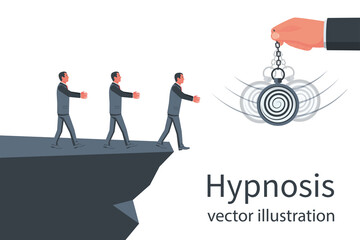 Hypnosis concept. A group of businessmen follows in the abyss. Watch on a chain. Pendulum swinging. Mind control. Vector illustration flat design. Isolated on background.