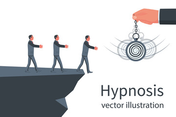Fototapeta premium Hypnosis concept. A group of businessmen follows in the abyss. Watch on a chain. Pendulum swinging. Mind control. Vector illustration flat design. Isolated on background.
