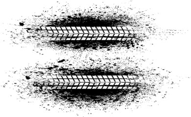 Vector print textured tire track . Design element . Car tread silhouette . Mud splash grunge texture. Tyre track banner .