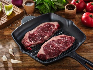 Two raw beef steaks with sea salt on grill pan and ingredients around on a wooden table