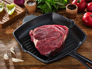 Raw beef steak on grill pan and ingredients around on a wooden table