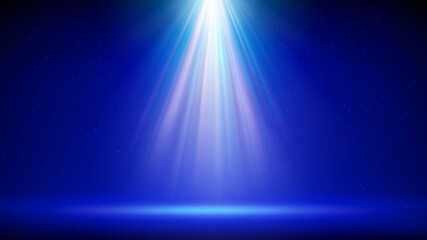 Spotlight background. Illuminated blue stage. Divine radiance, god. Backdrop for displaying products. Bright beams of spotlights, shimmering glittering particles, a spot of light. Vector illustration - obrazy, fototapety, plakaty