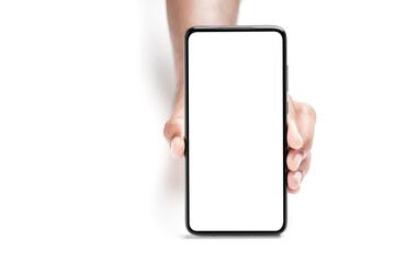 Hand holding a smartphone on a white background.