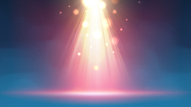 Background with fog spotlight. Illuminated blue gold smoky scene. Backdrop for displaying products. Bright golden pink spotlight beams, glittering particles, a spot of light. Vector illustration